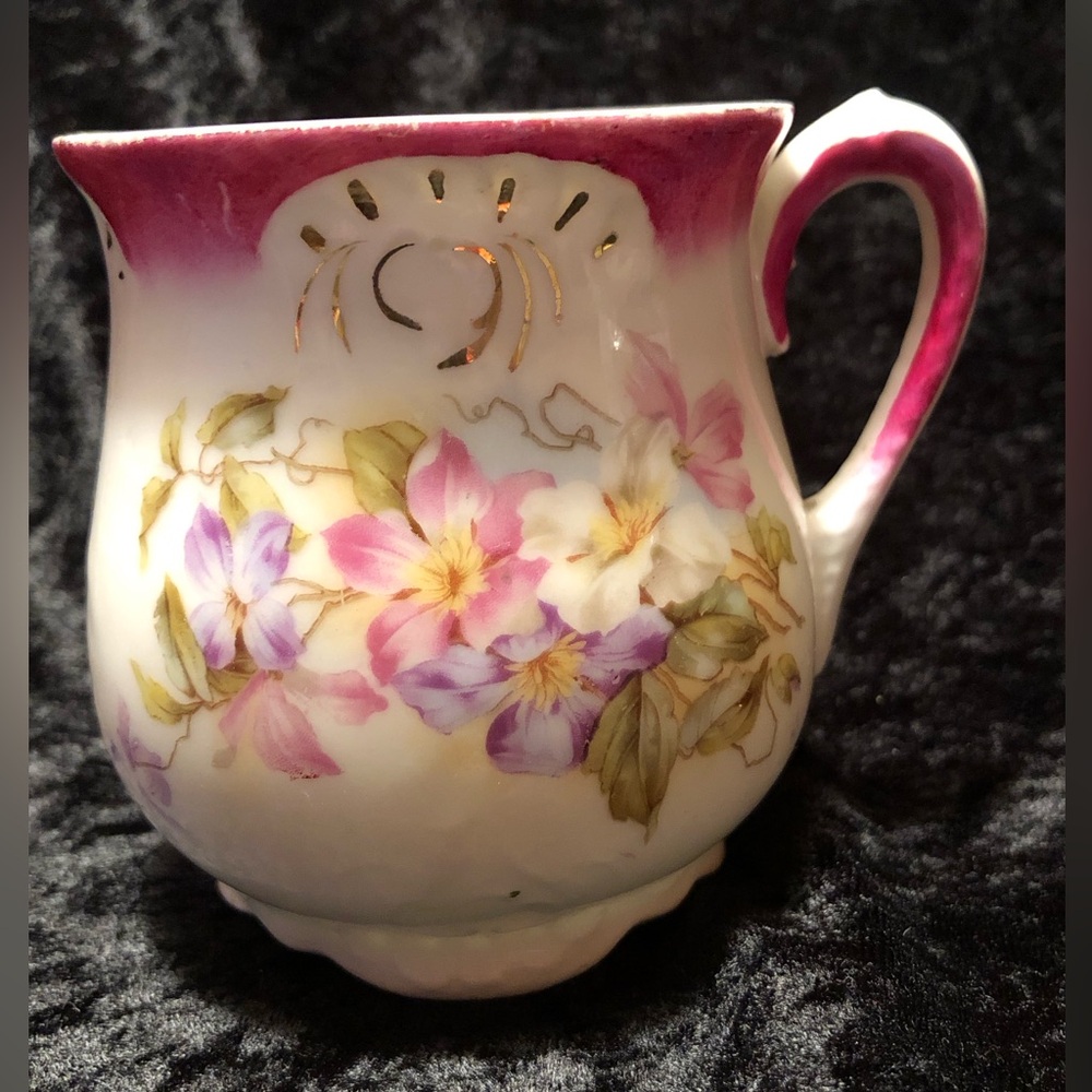 10256 German Porcelain Pink Lustre Mug Cup Rose Florals RS Prussia 19 Century